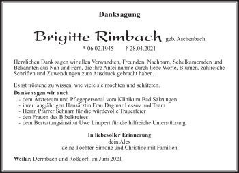Traueranzeige von Brigitte Rimbach von Südthüringer Presse