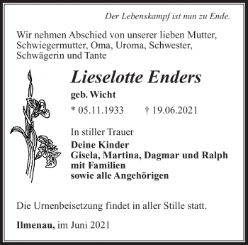 Traueranzeige von Lieselotte Enders von Südthüringer Presse