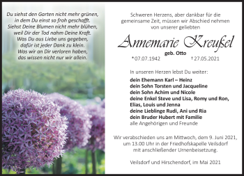 Traueranzeige von Annemarie Kreußel von Südthüringer Presse