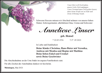 Traueranzeige von Anneliese Linser von Südthüringer Presse