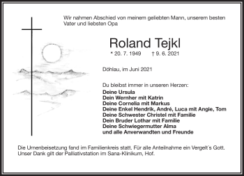 Traueranzeige von Roland Tejkl von Frankenpost