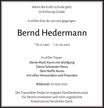 Traueranzeige von Bernd Hedermann von Neue Presse Coburg