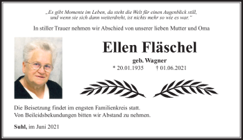 Traueranzeige von Ellen Fläschel von Südthüringer Presse