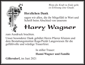 Traueranzeige von Harry Wagner von Südthüringer Presse