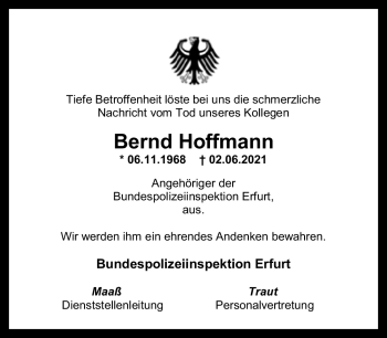 Traueranzeige von Bernd Hoffmann von Südthüringer Presse