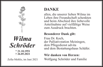 Traueranzeige von Wilma Schröder von Südthüringer Presse