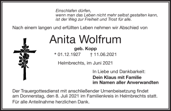Traueranzeige von Anita Wolfrum von Frankenpost