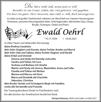 Traueranzeige von Ewald Oehrl von Südthüringer Presse