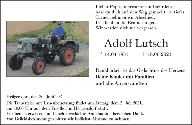  Traueranzeige für Adolf Lutsch vom 26.06.2021 aus Neue Presse Coburg