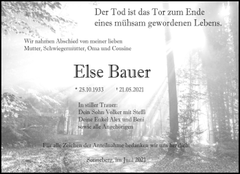 Traueranzeige von Else Bauer von Südthüringer Presse