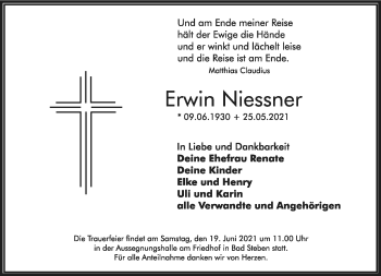 Traueranzeige von Erwin Niessner von Frankenpost