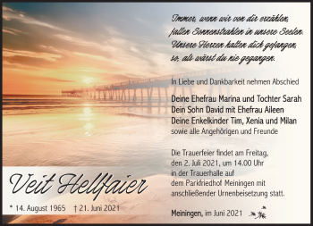 Traueranzeige von Veit Hellfaier von Südthüringer Presse