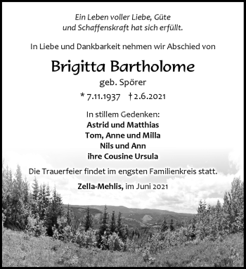 Traueranzeige von Brigitta Bartholome von Südthüringer Presse