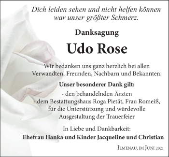 Traueranzeige von Udo Rose von Südthüringer Presse