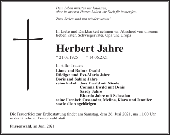 Traueranzeige von Herbert Jahre von Südthüringer Presse