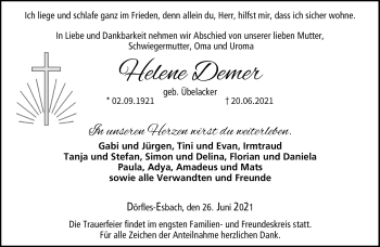 Traueranzeige von Helene Demer von Neue Presse Coburg