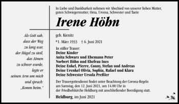 Traueranzeige von Irene Höhn von Südthüringer Presse