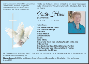 Traueranzeige von Anita Heim von Südthüringer Presse