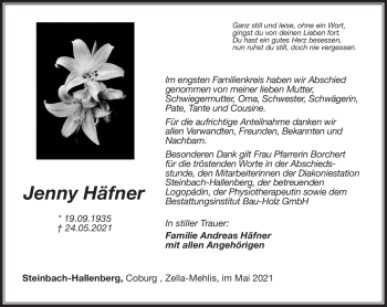 Traueranzeige von Jenny Häfner von Südthüringer Presse