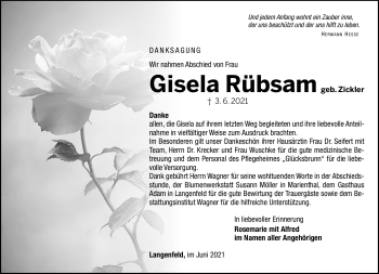 Traueranzeige von Gisela Rübsam von Südthüringer Presse