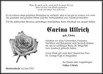 Traueranzeige von Carina Ullrich von Südthüringer Presse