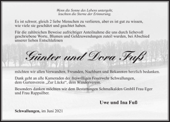 Traueranzeige von DoraGünter FußFuß von Südthüringer Presse