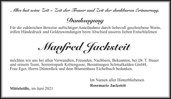 Traueranzeige von Manfred Jacksteit von Südthüringer Presse