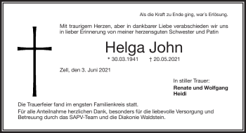 Traueranzeige von Helga John von Frankenpost