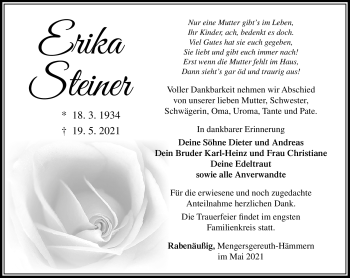 Traueranzeige von Erika Steiner von Südthüringer Presse