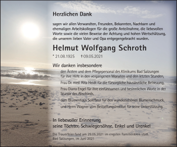 Traueranzeige von Helmut Wolfgang Schroth von Südthüringer Presse