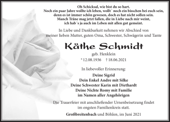 Traueranzeige von Käthe Schmidt von Südthüringer Presse