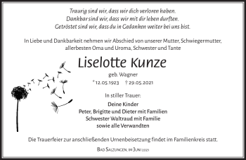 Traueranzeige von Liselotte Kunze von Südthüringer Presse