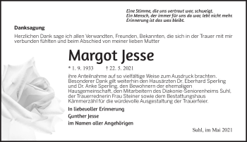 Traueranzeige von Margot Jesse von Südthüringer Presse