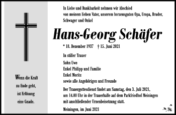 Traueranzeige von Hans-Georg Schäfer von Südthüringer Presse