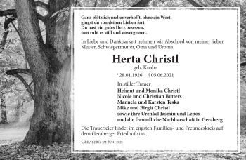 Traueranzeige von Herta Christl von Südthüringer Presse
