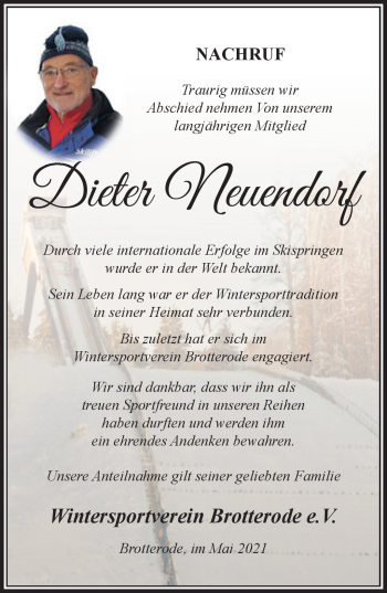 Traueranzeige von Dieter Neuendorf von Südthüringer Presse