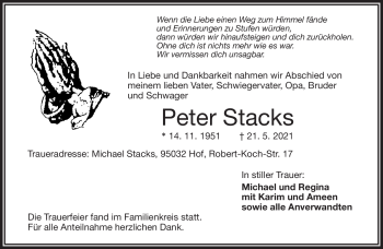 Traueranzeige von Peter Stacks von Frankenpost