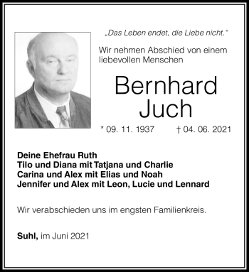 Traueranzeige von Bernhard Juch von Südthüringer Presse
