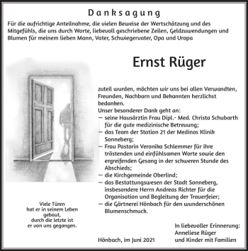 Traueranzeige von Ernst Rüger von Südthüringer Presse
