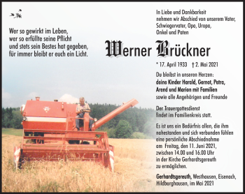 Traueranzeige von Werner Brückner von Südthüringer Presse