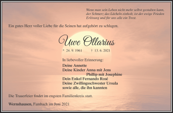 Traueranzeige von Uwe Ollarius von Südthüringer Presse
