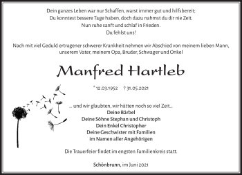 Traueranzeige von Manfred Hartleb von Südthüringer Presse