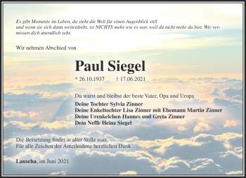 Traueranzeige von Paul Siegel von Südthüringer Presse