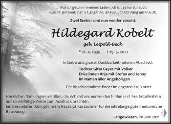 Traueranzeige von Hildegard Kobelt von Südthüringer Presse