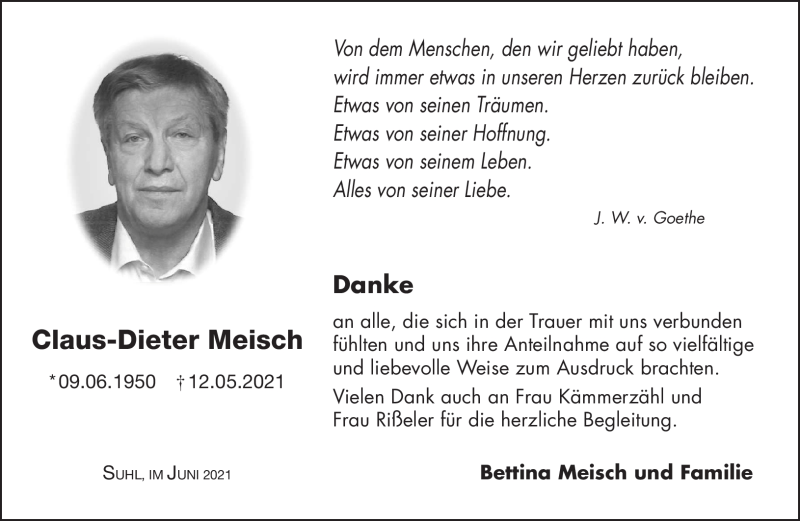  Traueranzeige für Claus-Dieter Meisch vom 05.06.2021 aus Südthüringer Presse