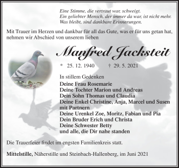 Traueranzeige von Manfred Jacksteit von Südthüringer Presse
