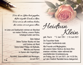Traueranzeige von Heidrun Klein von Südthüringer Presse