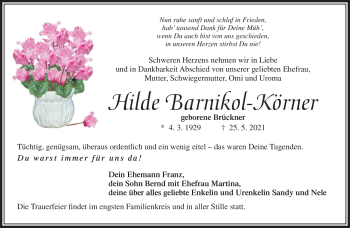 Traueranzeige von Hilde Barnikol-Körner von Südthüringer Presse
