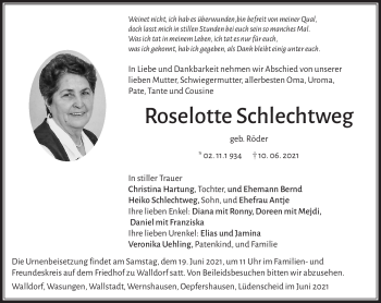 Traueranzeige von Roselotte Schlechtweg von Südthüringer Presse