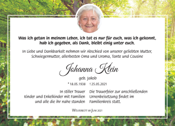 Traueranzeige von Johanna Klein von Südthüringer Presse